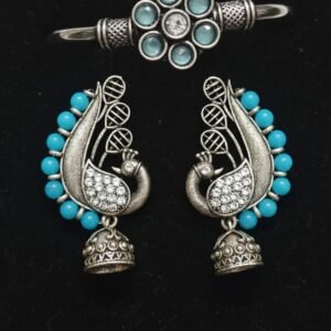 Home oxidised silver peacock design earrings with floral color stone kada/bangle set